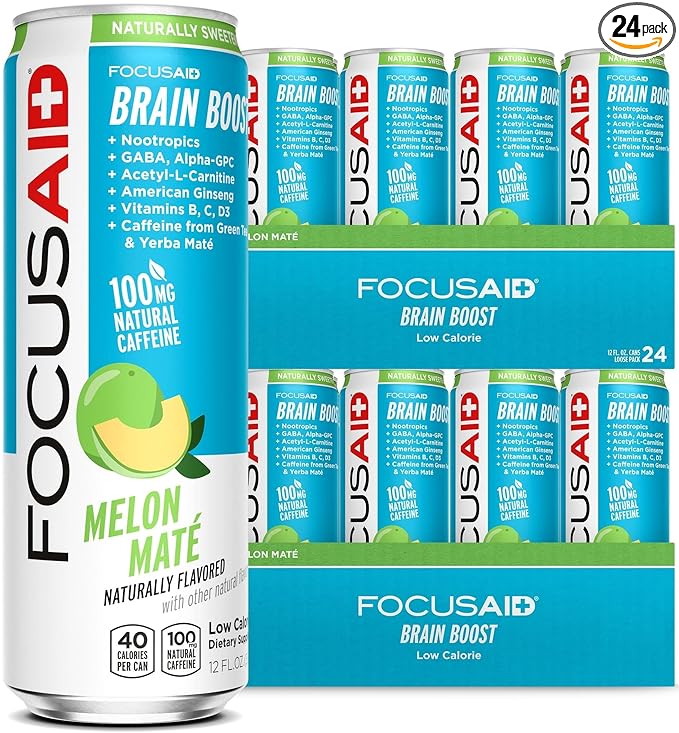 FOCUSAID Energy Blend Nootropics Drink for Brain Fuel Alpha-GPC GABA B-Complex Yerba Mate Green Tea 100% Clean100mg Natural Caffeine 12 Fl Oz (Pack of 24)
