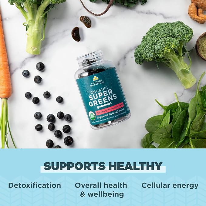 Ancient Nutrition Supergreens Gummy Organic Superfood Gummy Made from Real Fruits Vegetables and Herbs for Digestive and Energy Support 100 Count Strawberry Watermelon