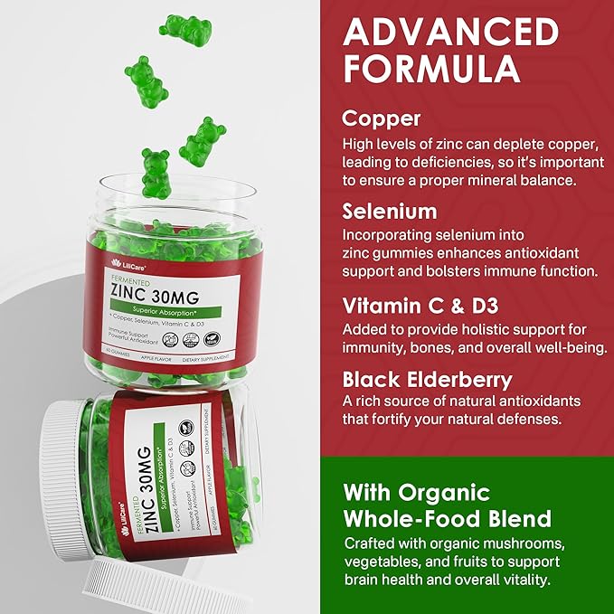Fermented Zinc Gummies 30mg Copper Selenium Vitamin C D3 Superior Absorption Zinc Supplements for Women &amp Men Immune Powerful Antioxidant Zinc Picolinate Alternaitive Vegan No Sugar 60