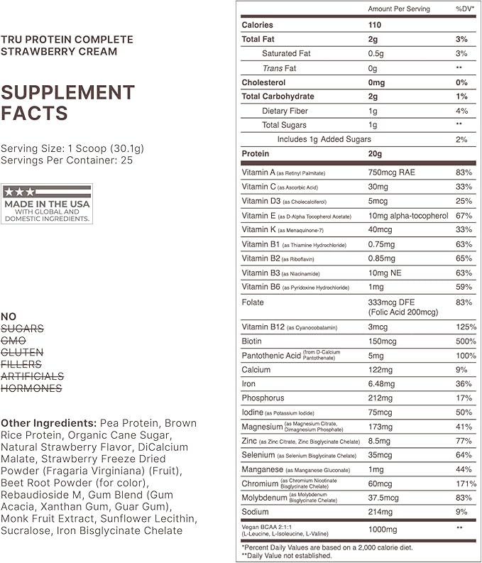 TRU Supplements Plant Based Protein Powder BCAA EAA 20g Vegan Brown Rice &amp Pea Protein 100 Calories 27 Vitamins No Artificial Flavors 25 Servings (Strawberry Cream)