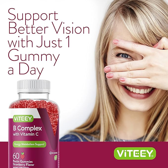 Viteey Vitamin B Complex Gummies with Vitamin C - Energy Metabolism &amp Immune Support - B6 B12 Niacin Folic Acid Biotin Calcium - Vegan Gluten-Free - 120 Count