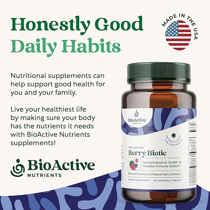 BIOACTIVE NUTRIENTS BerryBiotic Chewable Probiotics &amp Prebiotics Supplement-for Men Women and Children-10 Verified Strains-2 Billion CFUs-60 Count