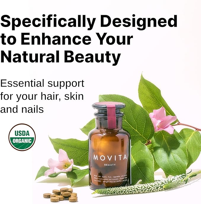 Movita Beauty – Promotes Healthy Hair Skin &amp Nails with Biotin &amp Choline –Fermented Whole Foods Organic Vegan Gluten-Free Non-GMO – 30-Day Supply (Eco-Friendly Pouch)