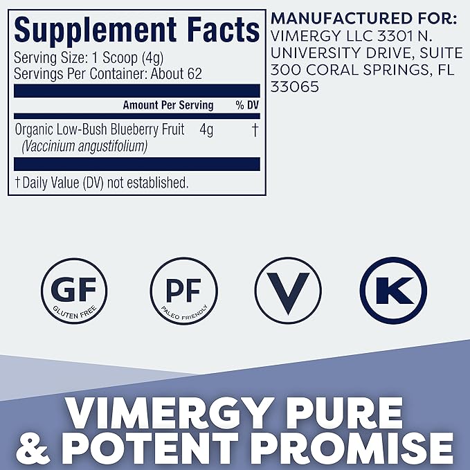 Vimergy Wild Blueberry Powder –Protects Brain Health* - Supports Cardiovascular Function* – USDA Organic Vegan &amp Gluten-Free – 250g