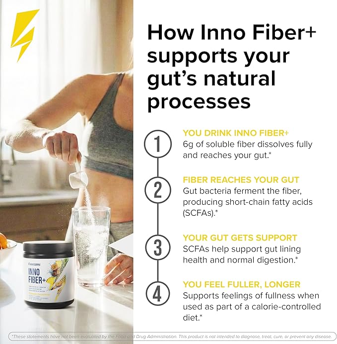 Inno Fiber+ Daily Fiber Supplement for Women and Men 3-in-1 Pre + Pro + Postbiotic Formula Supports Digestive Health Gut Comfort &amp Fullness Easy-Mix Soluble Fiber Powder (Pineapple Passionfrui