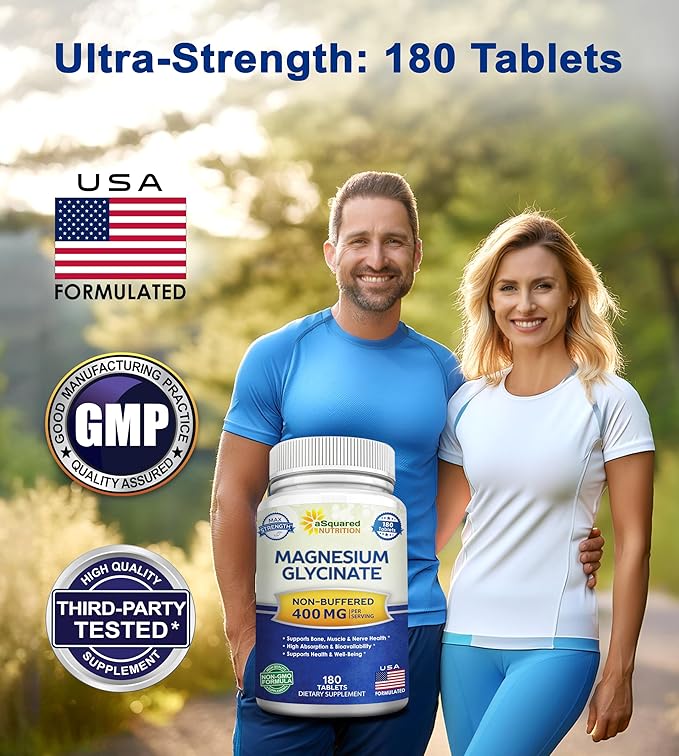 aSquared Nutrition Magnesium Glycinate 400mg - 180 Tablets - Max Strength Magnesium Bisglycinate Supplement -Maximum Bioavailability &amp Absorption-Non-GMO -Not Buffered-Supports Muscles Bones &amp