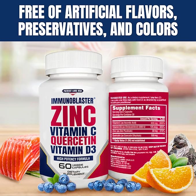 Zinc Quercetin Vitamin C 800 mg with Vitamin D3 Antioxidant Immune Support High Potency Quercetin Zinc Supplement for Men and Women - Gluten Soy &amp Dairy Free - 60 Count (Pack of 1)