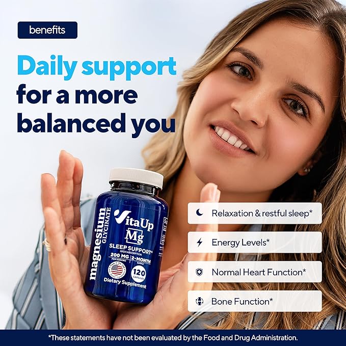 VitaUp Magnesium Glycinate 200mg - USA Made Highly Absorbed Non-GMO Magnesium for Relaxation Deep Sleep Bones &amp Heart - 200mg per Serving 120 Vegan Capsules