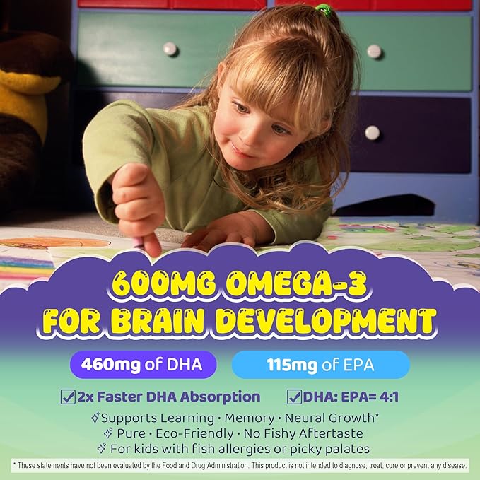 Omega-3 for Kids 4+ Focus DHA Gummies Plus EPA from Algae Vitamin D3 K2 Choline &amp PS for Bone Cognitive &amp Immune Health Zero Sugar Ultra-High DHA Fish Oil Alternative Children Ages 4+ 1