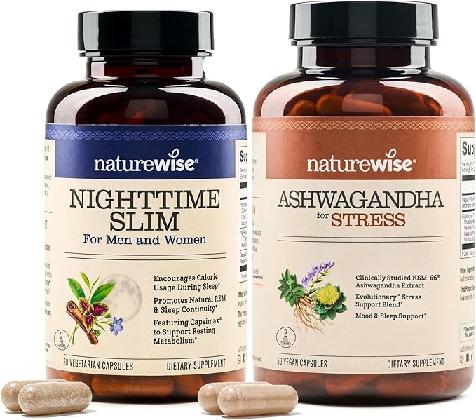 Naturewise [1] NighttimeSlim- Cayenne Green Coffee Bean GABA - 60 Capsules[30-Day Supply] + [1] Ashwagandha for Stress + GABA &amp L-Theanine - 60 Capsules[30-Day Supply]