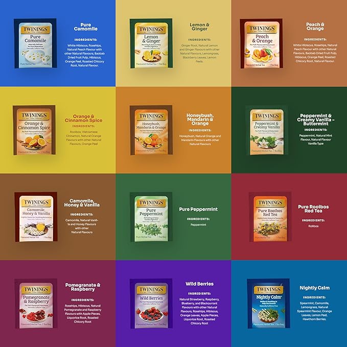 Twinings 48 Tea Bags Herbal Variety Pack – 12 Herbal Flavors Caffeine-Free Individually Wrapped Perfect Tea for Any Occasion