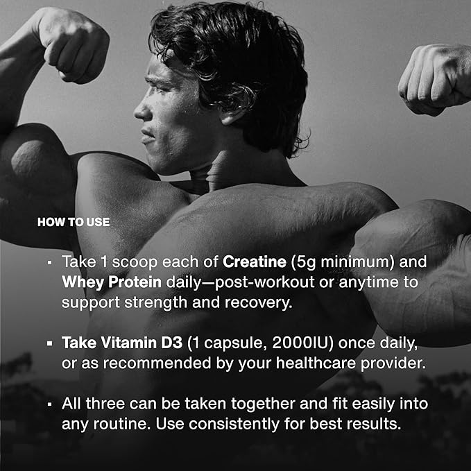Momentous Arnold's Stack - Creatine Monohydrate Powder Essential Grass-Fed Whey Protein Powder (Strawberry) &amp Vitamin D3 (2000 IU) - Daily Fundamentals to Support Muscle Strength &amp Longevity