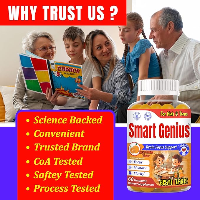 Smart Genius Omega 3 for Kids Focus and Attention Supplements Kids Vitamin Gummies Focus Supplement for Kids Brain Support Teen Vitamin- 60 Gummy