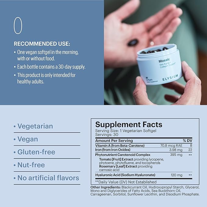 ELYSIUM Mosaic – Hyaluronic Acid &amp Collagen Supplement – Clinically Proven to Hydrate Skin &amp Reduce Fine Lines – Fights Visible Signs of Aging – 30-Day Vegan Softgel Supply