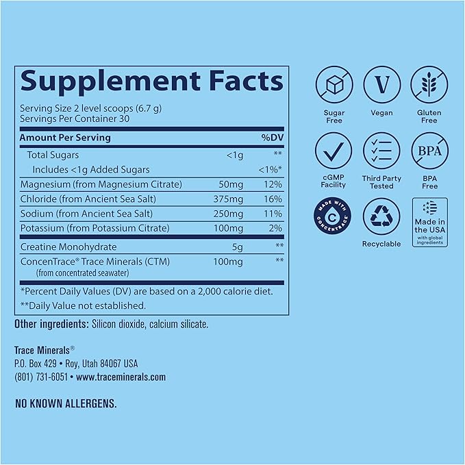 Trace Minerals Creatine + Electrolytes – Creatine &amp Mineral Powder for Peak Performance &amp Optimal Hydration – Supports Brain Muscles &amp Endurance – 5 g Creatine – Unflavored – 30 Servings
