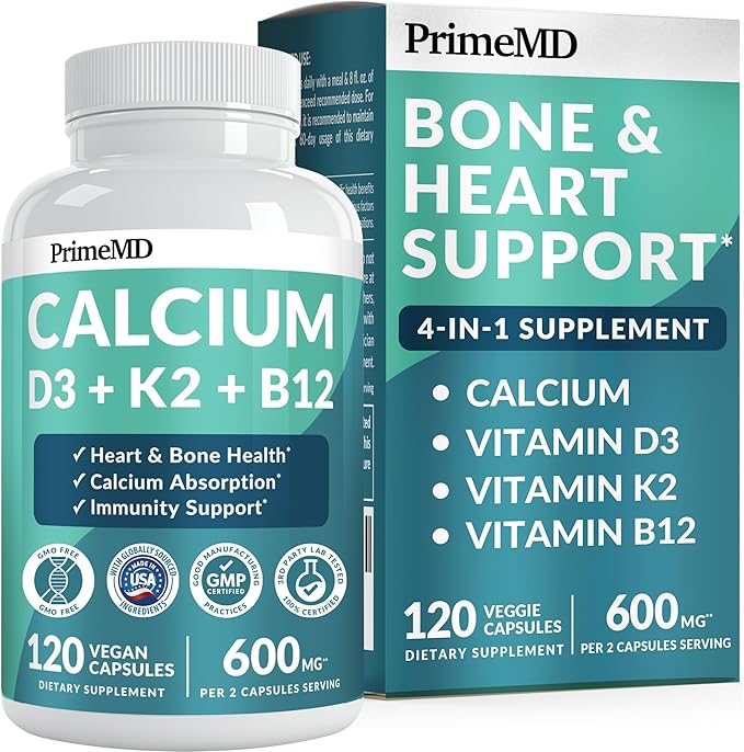 4-in-1 Calcium Supplements for Women &amp Men - Calcium Citrate with D3 K2 Vitamin 5000 IU - Calcium 600mg with Vitamin D3 K2 - Everyday Vitality Supplement - Vegan-Friendly Gluten-Free (120 Capsule