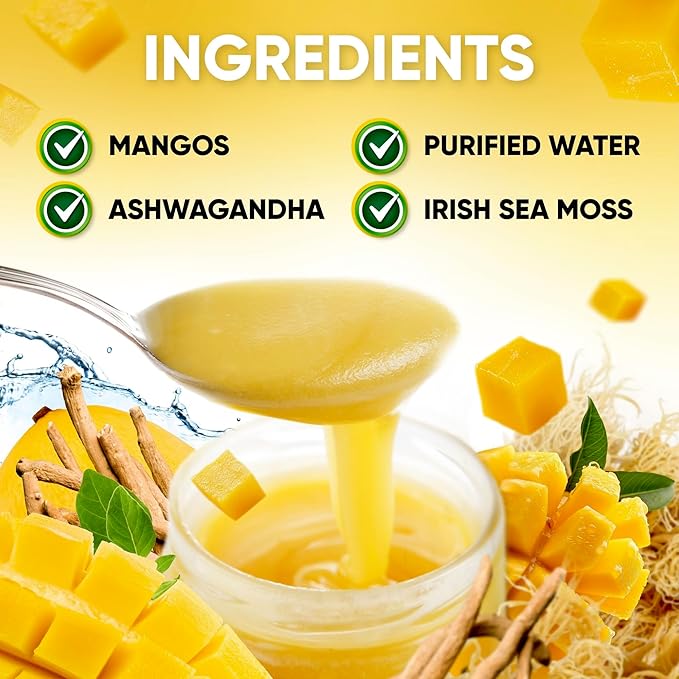 Wildcrafted Irish Sea Moss Gel 16 oz | Made in USA | Gold Seamoss Superfood | Rich in Vitamins &amp Minerals | Real Fruit | Nutritional Supplement | Mango Ashwagandha