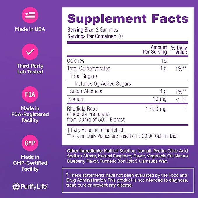 Sugar-Free Rhodiola Rosea Gummies (1500mg/Serving) Cortisol Detox &amp Adrenal Support Rhodiola Rosea Supplement for Mood Stamina &amp Performance Motivation Non-GMO 60 Vegan Chews