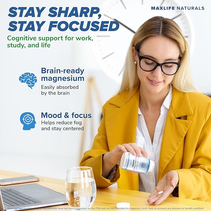 Max-Mag Magnesium L-Threonate Supplement - 105 Capsules Made in USA- Magtein 2000mg Complex with Vitamin D3 and K2 for Sleep Mood &amp Brain Magnesium L Threonate Capsules Nutrition by MaxLife Natur
