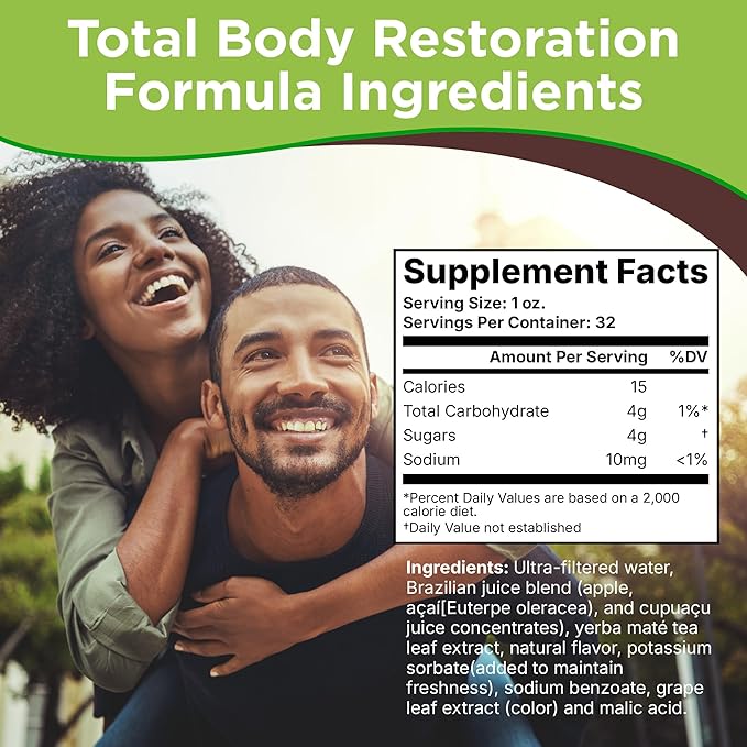 Nzuri Vida All-Natural Energy &amp Stress Support Tonic 10-in-1 Total Body Restoration Drink with Acai Berry Cupuacu &amp Yerba Mate. Smooth Energy Calm Focus Detox &amp Immune Support - 3 Bottl
