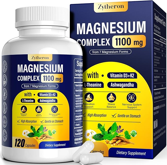 Magnesium Complex for Women &amp Men 1100mg 7-in-1 Magnesium Supplement with Ashwagandha &amp L-Theanine for Calm &amp Sleep Support High Absorption Vegan 120 Capsules