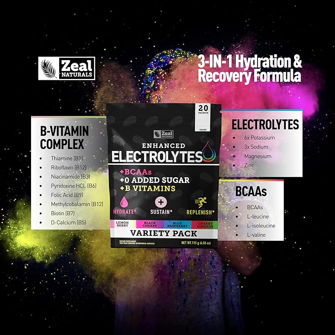 Zeal Naturals Enhanced Electrolyte Powder Stick Packs (Variety Pack - 20 Packets) Sugar Free + BCAA B-Vitamins &amp Pink Himalayan Salt - Keto Electrolytes Hydration Powder
