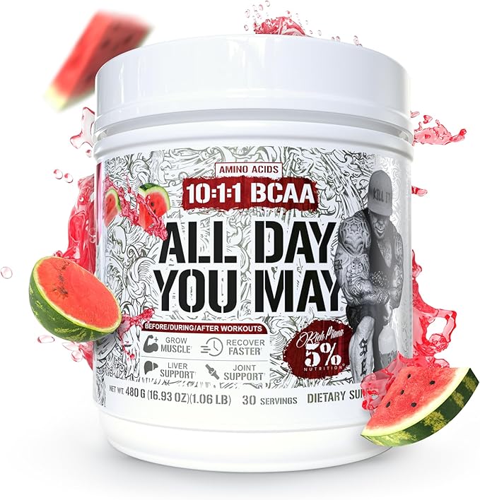5% Nutrition Rich Piana AllDayYouMay BCAA Powder | Premium Intra &amp Post Workout Amino Acids EAA Electrolytes | Hydration Endurance Recovery | Vegan &amp Keto | 16.9 oz 30 Srvgs (Watermelon)