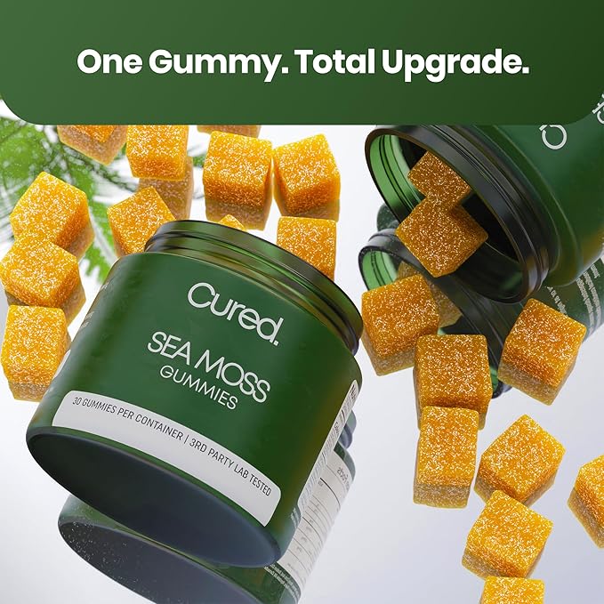 Cured Sea Moss Gummies | Made in America w/Raw Sea Moss Bladderwrack &amp Burdock Root | Potent Seamoss Gummies for Immune Gut &amp Skin Health | 3X Stronger Than Gel | 30 Day Supply