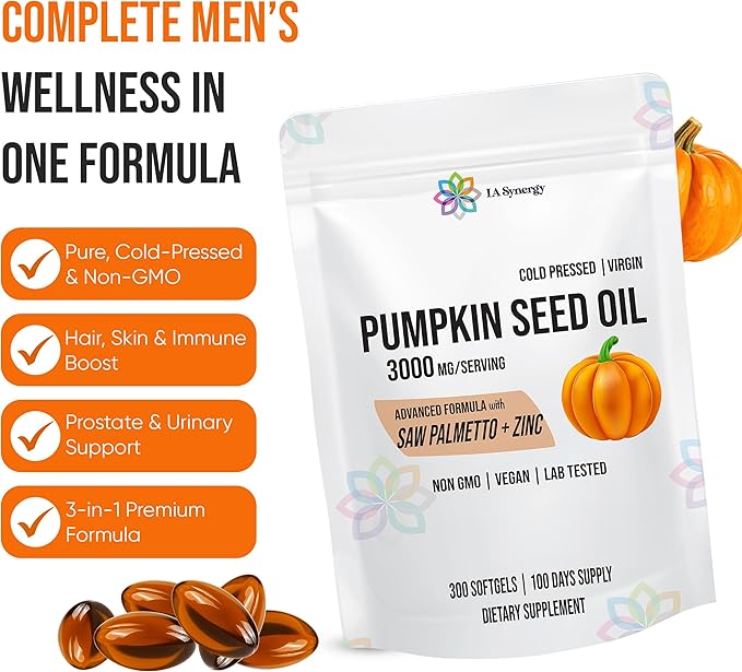 Pumpkin Seed Oil 3000mg 3-in-1 with Saw Palmetto and Zinc High-Potency Formula for Hair Skin Rich in Phytosterols &amp Fatty Acids Prostate Health Urinary Tract Support - 300 Counts