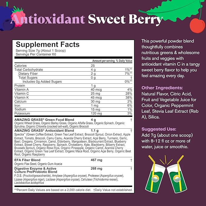 Amazing Grass Greens Superfood Antioxidant: Greens Powder with Organic Spirulina Beet Root Powder Elderberry &amp Probiotics Sweet Berry 60 Servings (Packaging May Vary)