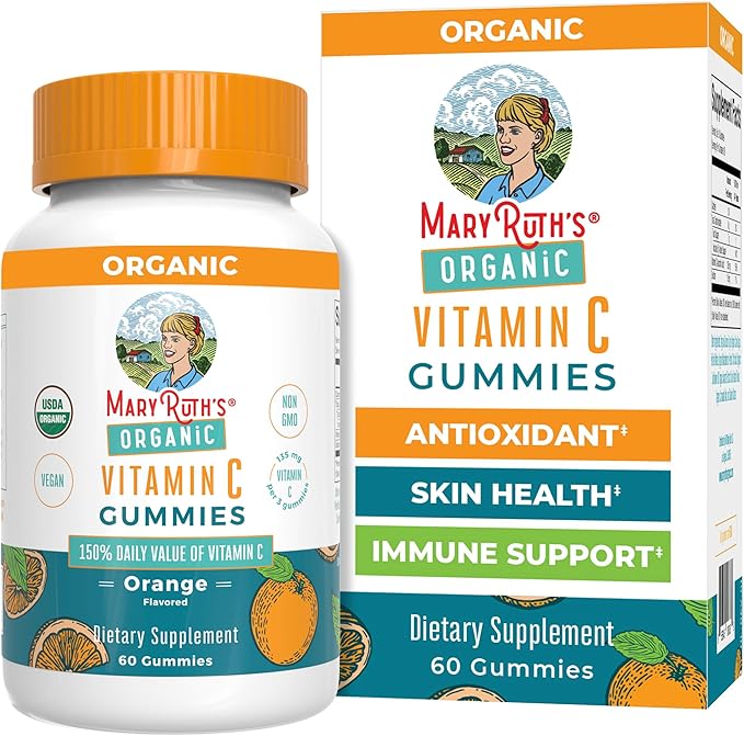 MARYRUTH'S Adult Vitamin C Gummies | USDA Organic | Vegan Chewable Vitamin C Gummies for Ages 14+ | for Immune Support &amp Overall Wellness | Vegan | Non-GMO | Orange Flavor | 60 Count