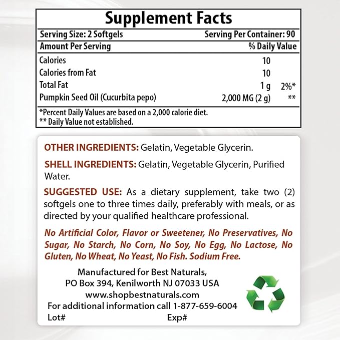 Best Naturals Pumpkin Seed Oil 1000 mg &amp Vitamin B1 as Thiamine Mononitrate 100 mg