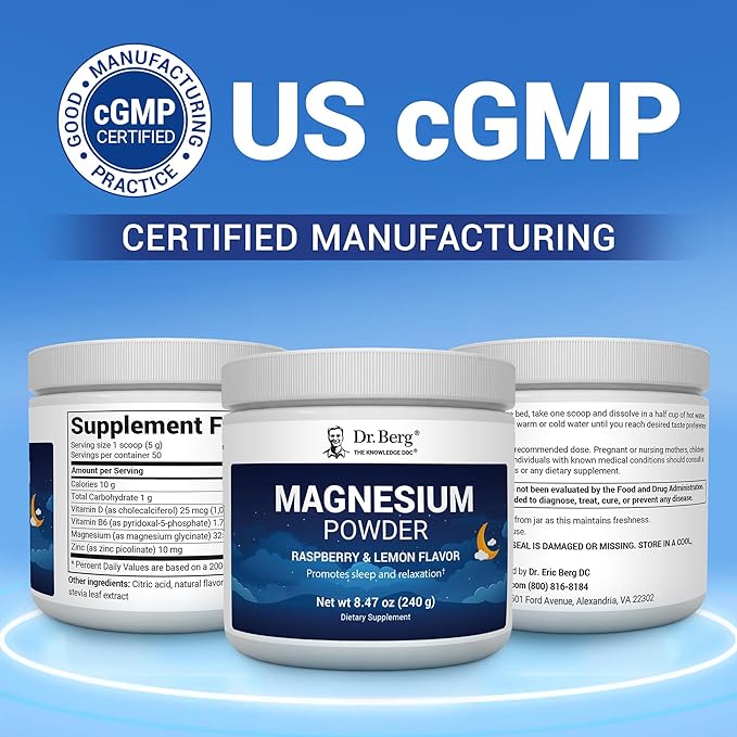 Dr. Berg Magnesium Glycinate Powder for Sleep Relaxation &amp Stress Relief - Now Includes Vitamin D3 &amp Zinc - Delicious Raspberry &amp Lemon Flavor (50 Servings) Magnesium Powder - Magnesium