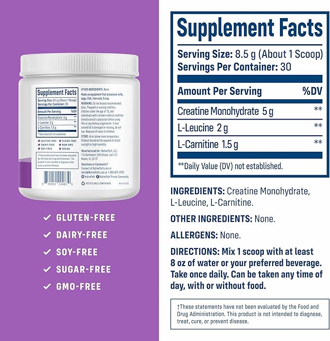 NativePath Creatine Monohydrate Powder with L-Leucine &amp L-Carnitine - Muscle Building Supplement for Men &amp Women - 30 Servings (Pack of 2)