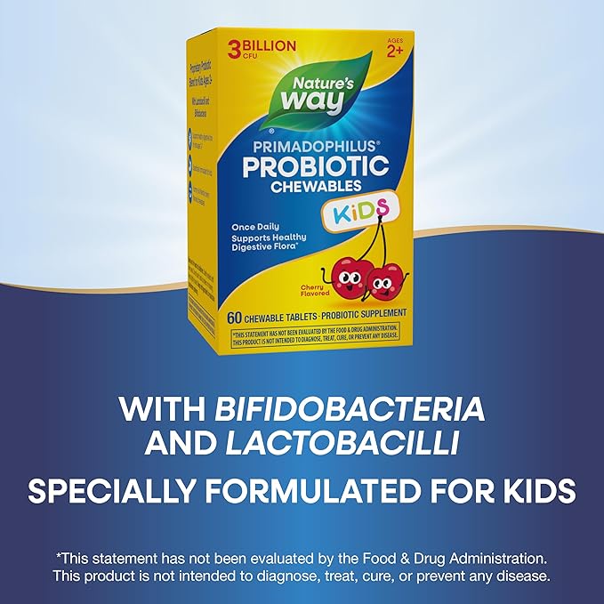 Nature's Way Primadophilus Probiotic Kids - Once Daily - 3 Billion CFU - Children's Probiotic for Digestive Flora Support* - Cherry Flavored - 60 Chewables (Pack of 2)