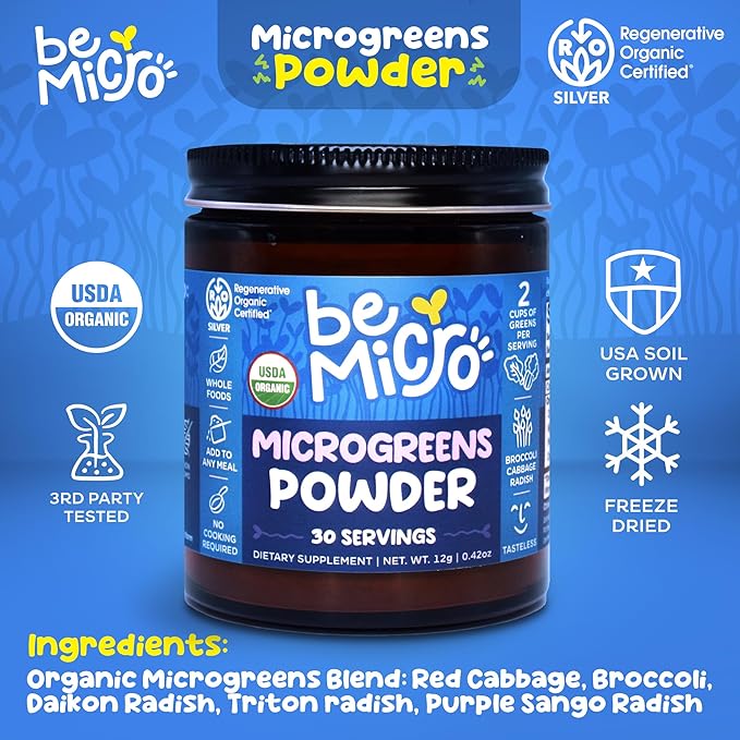 Whole Food Microgreens Powder - US Grown Small Batch Nutritional Booster - Broccoli Cabbage and Radish Microgreens Powder Blend - Cellular Health - 30 Servings / 12g