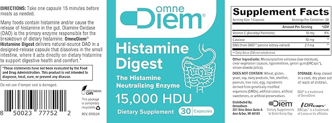 Omne Diem Histamine Digest 15000 HDU DAO Enzyme Supplement (Diamine Oxidase) 30 Caps – Histamine Digestive Support for Histamine-Rich Foods – DAO Enzymes for Gut Health &amp Histamine Metabolism