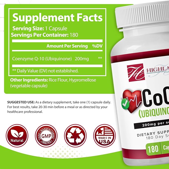 CoQ10 200mg 180 Vegetarian Capsules for Heart Health Non-GMO Easy to Swallow Supports Cellular Energy Production and Cardiovascular Health