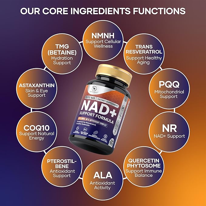 NAD+ Supplement 1000mg for Men &amp Women with NMNH NR Resveratrol &amp CoQ10 | Supports Healthy Aging Cellular Health &amp Wellness | Vitamin B &amp Antioxidant Support | 60 Capsules