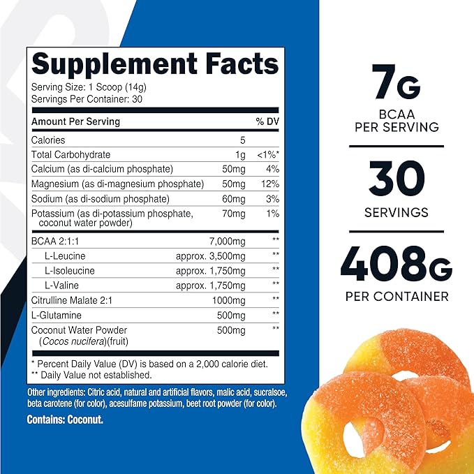 Nutricost BCAA + Hydration Powder (Peach Rings) 30 Servings - Branched Chain Amino Acids with Hydration Complex - Gluten-Free Non-GMO