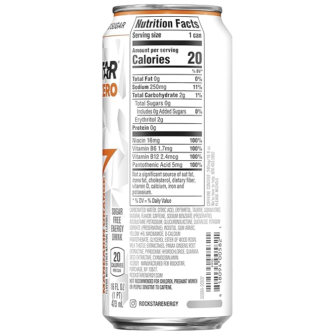 Rockstar Pure Zero Energy Drink Mandarin Orange 0 sugar with Caffeine and Taurine 16oz (Pack of 24) (Packaging May Vary)