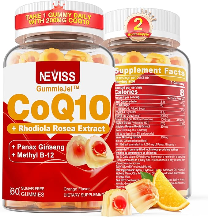 Sugar Free CoQ10 Gummies 200mg/400mg w/ Methyl B12 1000mcg B6 Rhodiola Rosea &amp Panax Ginseng Ultra Absorption CoQ10 Supplement for Energy Hear-t Health Antioxidant &amp Brain Support60-Day