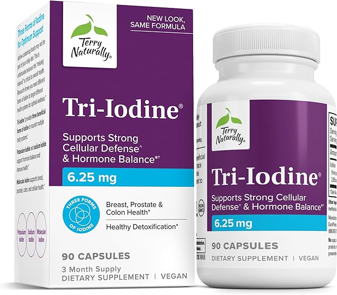 Terry Naturally Tri-Iodine - Support Thyroid Health - Aids Hormone Balance with Molecular Iodine from Kelp - Features Potassium Iodide &amp Sodium Iodide - Brain &amp Energy Support - 6.25mg 90 Cap