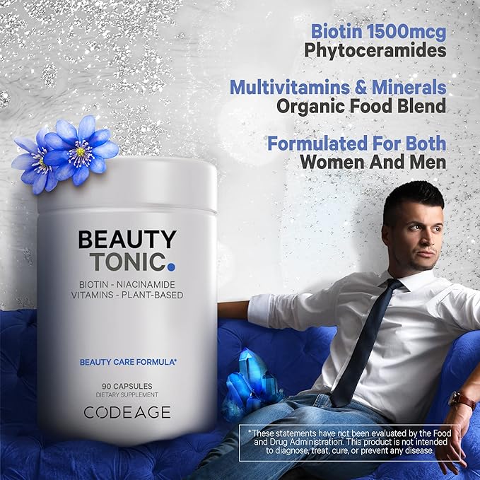 Codeage Biotin Supplement with Vitamin C Vitamin E Vitamin B6 Niacin Folate Organic Food Blend Phytoceramides Astaxanthin Selenium - Beauty Tonic - Hair Skin and Nail Support - Vegan 90 Ct