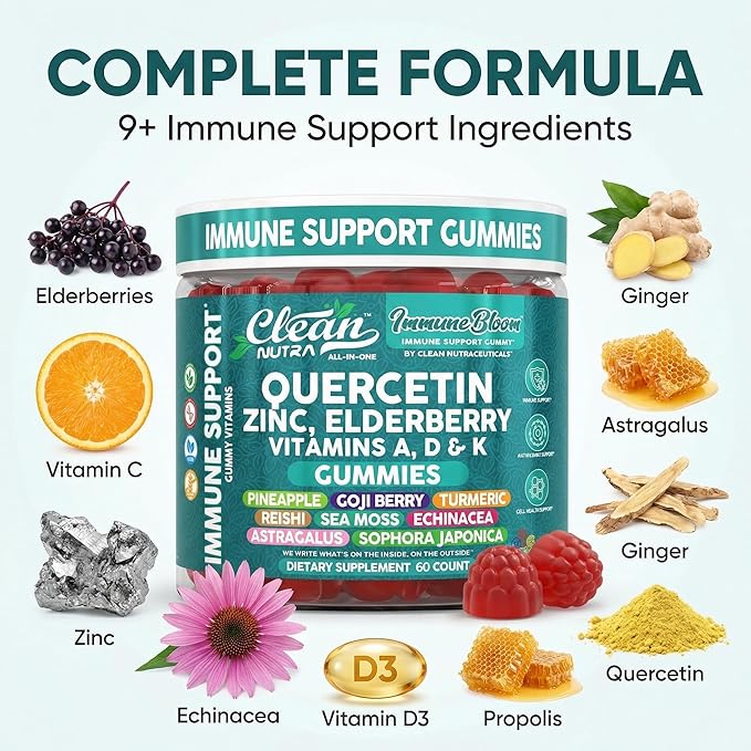 Clean Quercetin Elderberry Immune Support Gummies | Zinc Vitamin K2 D3 A Bromelain Goji Berry Turmeric Sea Moss Echinacea Astragalus Selenium Olive Leaf Immunity Supplement Gummy Vitamins