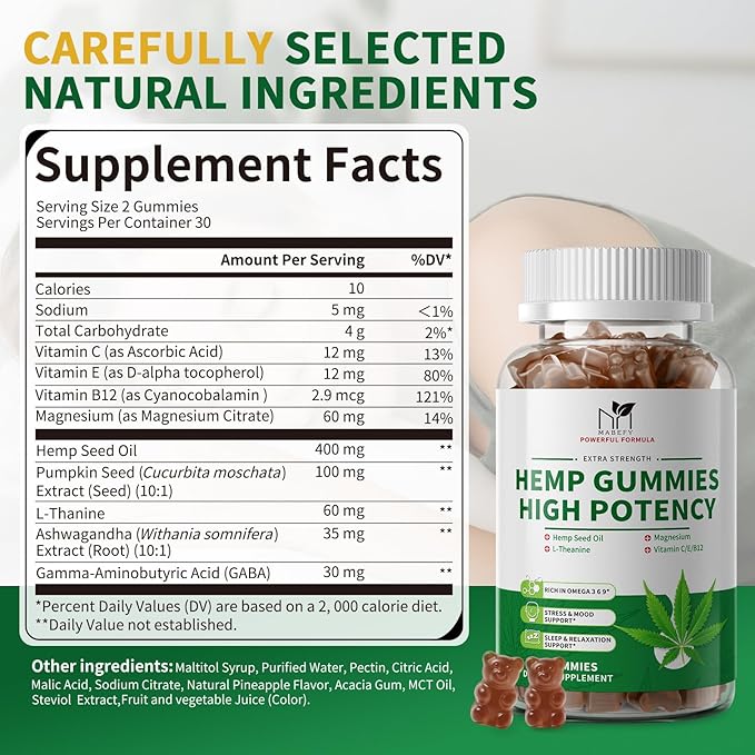 2 Pack Hemp Gummies with Ashwagandha GABA L-Theanine Magnesium Vitamins B12 E &amp C - Supports Sleep Stress Relax &amp Calm Supplement Pineapple Flavor 120 Bears Gummies Vegan Gluten-Free