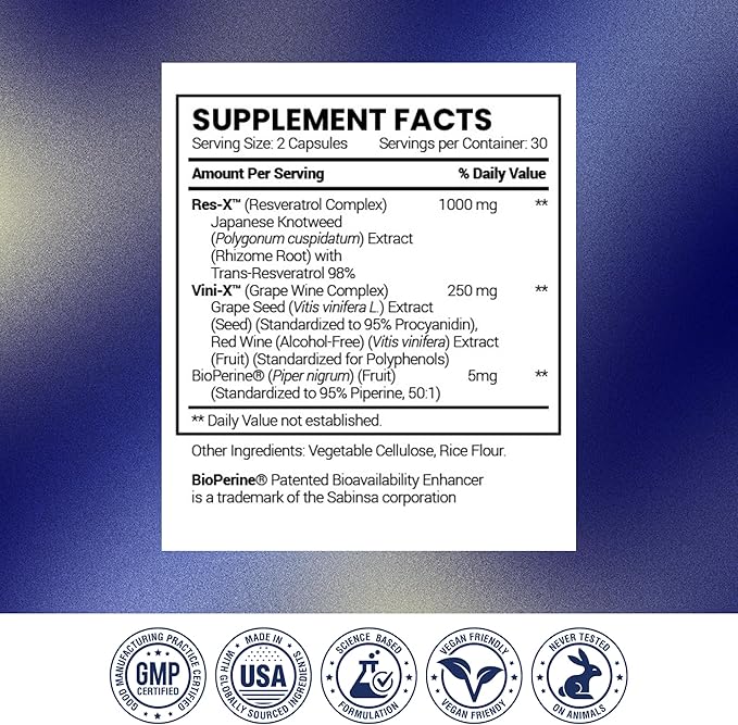 Research Verified Resveratrol - 98% Trans-Resveratrol 1000 mg Anti-Aging Support - 60 Capsules per Bottle - 6 Bottles