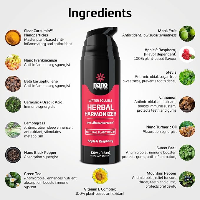 Herbal Harmonizer with CleanCurcumin(TM) - Multi Botanical Antioxidants Supplement - Water Soluble - Nano Curcumin - Holistic Wellness Defender - Healthy Drink Mix (4 fl.oz Apple and Raspberry)