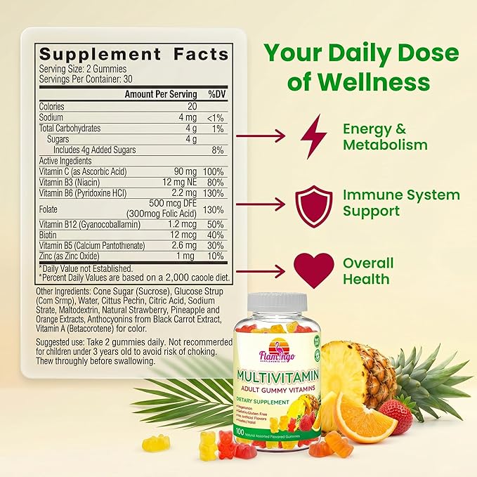 Flamingo Supplements Multivitamin Gummies | Vegan Friendly Kosher Halal NO Gluten or Gelatin no GMO| for Men Women &amp Kids| 3 Natural Flavors | Vitamins C B3 B12 Biotin Zinc &amp More| 100