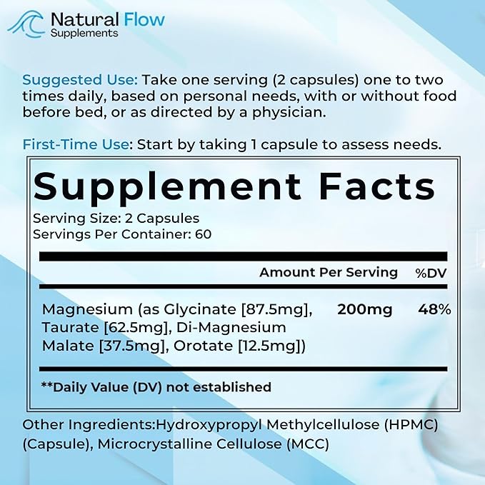 Natural Flow 4X Magnesium Supplement Magnesium Glycinate Taurate Malate Orotate Complex Calm Sleep and Cramp Support Blend No Mag Citrate or Oxide 120 Capsules